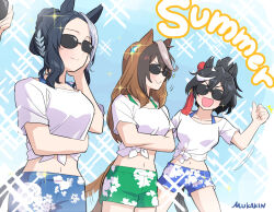  3girls animal_ears artist_name black_hair blue_shorts brown_hair commentary_request cowboy_shot ear_ornament earrings gaze_on_me!_outfit_(umamusume) green_shorts hair_between_eyes hair_ornament horse_ears horse_girl horse_tail jewelry katsuragi_ace_(umamusume) long_hair looking_at_viewer mejiro_ramonu_(umamusume) mukakin multicolored_hair multiple_girls open_mouth shirt short_sleeves shorts single_earring smile streaked_hair summer sunglasses symboli_rudolf_(umamusume) tail tassel tassel_hair_ornament tied_shirt umamusume v-shaped_eyebrows white_hair white_shirt 