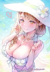  bare_arms beach bikini braid breasts brown_hair cleavage female fire_emblem fire_emblem_engage fire_emblem_heroes flower goldmary_(fire_emblem) goldmary_(summer)_(fire_emblem) hair_over_shoulder hat hat_flower heart jewelry large_breasts long_hair looking_at_viewer mole mole_on_breast navel necklace ocean outdoors sarong shell side_ponytail smile solo sun_hat swimsuit t_misaomaru white_bikini yellow_eyes yellow_sarong 