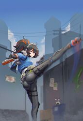  ahoge ass bangboo_(zenless_zone_zero) belt belt_pouch black_belt black_gloves black_hair black_pants blue_jacket blue_sky blurry blurry_background building chain-link_fence city closed_mouth cloud commentary day female fence gloves gun hair_between_eyes handgun haonfest high_kick highres holding holding_gun holding_weapon jacket kicking long_hair long_sleeves looking_at_viewer metal_hairband motion_blur multicolored_hair orange_eyes orange_hair outdoors pants police police_uniform policewoman ponytail pouch power_lines skin_tight sky skyscraper solo standing standing_on_one_leg streaked_hair symbol-only_commentary thigh_strap trash_can trigger_discipline uniform utility_pole weapon zenless_zone_zero zhu_yuan 