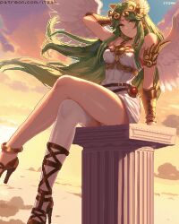  angel_wings bare_shoulders breasts collarbone commentary crossed_legs dress earrings english_commentary feathered_wings female forehead_jewel green_eyes green_hair itzah jewelry kid_icarus long_hair medium_breasts palutena pixel_art single_thighhigh sitting solo strapless strapless_dress thighhighs white_dress white_thighhighs white_wings wings 