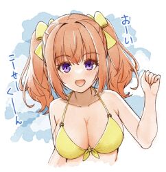  :d bare_shoulders bikini blush bow breasts cafe_stella_to_shinigami_no_chou cleavage collarbone commentary eyes_visible_through_hair female front-tie_bikini_top front-tie_top hair_between_eyes hair_intakes hairbow halterneck hand_up happy large_breasts long_hair looking_at_viewer open_mouth orange_hair purple_eyes sidelocks simple_background smile solo sumizome_nozomi swimsuit tft_(tft7822) translated twintails upper_body white_background yellow_bikini yellow_bow 