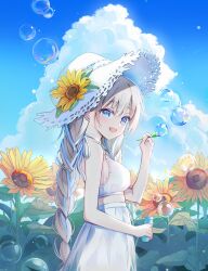  blonde_hair blue_eyes blue_ribbon blush braid breasts bubble cloud cloudy_sky commentary cowboy_shot crop_top facing_to_the_side female field floral_background flower flower_field from_side hair_ribbon hat hat_flower highres light_particles long_hair looking_at_viewer medium_breasts midriff open_mouth original pleated_skirt ribbon shirt sideboob skirt sky sleeveless sleeveless_shirt smile ssum_(ehf_dustk) straw_hat sunflower sunflower_field symbol-only_commentary twin_braids very_long_hair white_hat white_shirt wind 