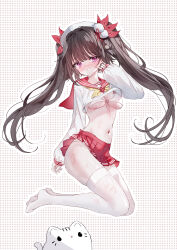  absurdres alternate_costume animal beret bikini bikini_under_clothes black_hair blush breasts commentary_request crop_top feline female full_body hand_up hat highres honkai:_star_rail honkai_(series) long_hair long_sleeves medium_breasts navel neckerchief no_shoes nose_blush outline pinching_sleeves pleated_skirt puffy_long_sleeves puffy_sleeves purple_eyes red_sailor_collar red_skirt sailor_collar shirt skirt sleeves_past_wrists smile solo sparkle_(honkai:_star_rail) swimsuit tandohark thighhighs twintails very_long_hair white_bikini white_cat white_hat white_outline white_shirt white_thighhighs yellow_neckerchief 