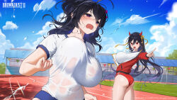  2girls absurdres ass black_hairband bloomers blush bouncing_breasts bra_visible_through_clothes breasts brown_dust_2 clipboard cloud cloudy_sky copyright_name covered_navel eyebrows_hidden_by_hair fake_horns gym_uniform hair_between_eyes hairband highres holding holding_clipboard horns huge_breasts jacket jeon-eo_konoshiro levia_(brown_dust) loen_(brown_dust_2) long_hair looking_at_another looking_back multiple_girls official_art official_wallpaper open_mouth pointing pointing_forward ponytail purple_eyes purple_hair red_eyes red_jacket running second-party_source shirt skin_tight sky soccer_field sweat sweaty_clothes track_and_field track_jacket upper_body very_long_hair wavy_mouth whistle whistle_around_neck white_shirt 