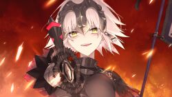  armor armored_dress banner black_dress breasts chains dress fate/grand_order fate_(series) female gauntlets headpiece highres holding jeanne_d&#039;arc_alter_(avenger)_(fate) jeanne_d&#039;arc_alter_(avenger)_(first_ascension)_(fate) jeanne_d&#039;arc_alter_(fate) large_breasts looking_at_viewer plackart pttyr short_hair solo sword weapon white_hair yellow_eyes 