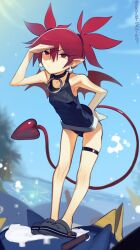  :/ blue_one-piece_swimsuit blue_sky boa_(brianoa) breasts choker crocs day demon_girl demon_tail demon_wings disgaea earrings etna_(disgaea) female full_body highres jewelry leaning_forward looking_afar o-ring o-ring_choker one-piece_swimsuit outdoors pointy_ears prinny red_eyes red_hair red_tail red_wings shading_eyes skull_earrings sky small_breasts solo sunlight swimsuit tail twintails wings 