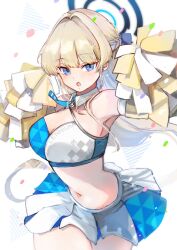  alternate_costume blonde_hair blue_archive blue_eyes blue_halo breasts cheering cheerleader confetti crop_top female halo highres holding holding_pom_poms koyuuuuuuuuuuu long_hair looking_at_viewer millennium_cheerleader_outfit_(blue_archive) pom_pom_(cheerleading) solo sports_bra toki_(blue_archive) two-tone_sports_bra 