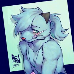  1:1 2024 abzel anthro art_fight biped black_ears black_eyebrows blue_body blue_fur blue_hair blush chest_tuft collarbone colored dated dewott digital_media_(artwork) embarrassed eyebrows fur generation_5_pokemon green_eyes grin grinning_at_viewer hair hair_over_eye half-length_portrait jewelry leaning leaning_forward looking_at_viewer male mammal mustelid necklace nintendo otter pink_nose pokemon pokemon_(species) ponytail portrait reed_(dreeda) shaded sheepish_grin signature smile solo teeth tuft whiskers white_whiskers 