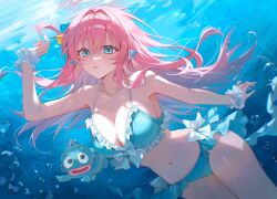  air_bubble bare_shoulders bikini blue_bikini blue_eyes bocchi_the_rock! bow bow_bikini breasts bubble collarbone commentary_request cube_hair_ornament female fins fish frilled_bikini frills gotoh_hitori hair_between_eyes hair_intakes hair_ornament hand_up hangyodon head_fins highres large_breasts long_hair looking_at_another looking_at_viewer making-of_available navel one_side_up open_mouth pink_hair pong_(pong_o0) sanrio stomach swimsuit thick_lips thighs underwater white_bow white_wristband 