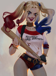  baseball_bat blonde_hair blue_eyes blue_hair bracelet charmiisan choker commentary cowboy_shot dc_comics female fishnet_pantyhose fishnets gloves harley_quinn highres holding holding_baseball_bat jewelry looking_at_viewer pantyhose red_hair red_lips runny_makeup short_shorts shorts signature single_glove solo spiked_bracelet spikes suicide_squad 