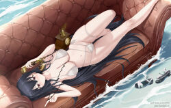  antique_phone armpits azur_lane bare_arms bare_legs bare_shoulders barefoot between_breasts bikini black_hair breasts cable cleavage closed_mouth couch female glint halterneck hands_up highleg highleg_bikini index_finger_raised joko_jmc knee_up large_breasts long_hair looking_at_viewer lying multi-strapped_bikini_bottom navel object_on_breast official_alternate_costume on_back on_couch phone red_eyes rotary_phone sandals side-tie_bikini_bottom skindentation smile solo stomach string_bikini swimsuit taihou_(azur_lane) taihou_(seaside_daydreams)_(azur_lane) thigh_strap thighs very_long_hair water wet white_bikini 