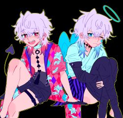  2boys absurdres angel angel_wings arm_support bishounen black_background black_gloves black_shorts blue_eyes blue_hair blush boots demon_tail diamond_choker earrings english_commentary eyelashes feet_out_of_frame floral_print gavis_bettel gavis_bettel_(1st_costume) gloves grey_hair hair_between_eyes halo highres holostars holostars_english hugging_own_legs jewelry knees_up lily_print looking_at_another male_focus medium_hair multicolored_hair multiple_boys one_eye_closed open_mouth outline pink_eyes pink_hair robotcowboys scarf shorts sitting tail teardrop thigh_boots thigh_strap virtual_youtuber white_scarf wings yellow_outline 