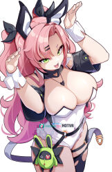  :d alternate_costume animal_ears black_ribbon black_thighhighs breasts cleavage commentary english_commentary fake_animal_ears female green_eyes hair_ribbon hands_up heart heart_necklace highres hot_vr jewelry large_breasts leotard long_hair mole mole_under_eye navel necklace nicole_demara open_mouth pink_hair pixiv_username playboy_bunny rabbit_ears ribbon simple_background single_thighhigh smile solo subscribestar_username thigh_strap thighhighs torn_clothes torn_thighhighs white_background white_leotard wrist_cuffs zenless_zone_zero 