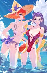  2girls antenna_hair armlet ass atomicmrshmallw back back_bow ball beach beachball bikini bird blue_sky bow breasts capcom company_connection cross-laced_clothes cross-laced_one-piece_swimsuit crossover floral_print hat hat_bow highres jewelry large_breasts looking_at_viewer looking_back multiple_girls one-piece_swimsuit orange_hair partially_submerged pointy_hat purple_bikini purple_eyes purple_hair red_one-piece_swimsuit rose_(street_fighter) shawl short_hair side-tie_bikini_bottom sideboob sky standing star_(symbol) star_print straw_hat street_fighter swimsuit tabasa thigh_gap thighs wading warzard water wet witch_hat yellow_shawl 