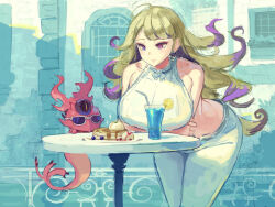  adapted_costume blonde_hair blue_eyes blue_hawaii breasts creature crop_top diabellze_the_original_sinkeeper duel_monster familiar female food heterochromia huge_breasts ice_cream kazo_(kazozakazo) leaning_forward mansion midriff pancake pants purple_eyes shirt snake-eyes_poplar sunglasses table third_eye white_pants white_shirt yu-gi-oh! 