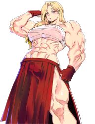  abs absurdres akemi_(blue_archive) biceps blonde_hair blue_archive breasts chest_sarashi delinquent female fingerless_gloves flexing fluffy_hair gloves grey_eyes highres large_breasts long_hair looking_at_viewer minew mole mole_under_eye muscular muscular_female navel obliques red_gloves red_skirt sarashi simple_background skirt solo sukeban thick_thighs thighs toned white_background 