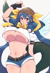  :o angel_wings asymmetrical_wings black_gloves blue_hair bow breasts chemaru_(a8l) covered_nipples crop_top dizzy_(guilty_gear) female fingerless_gloves gloves groin guilty_gear guilty_gear_xx hair_rings highres large_breasts midriff monster_girl navel open_mouth red_eyes ribbon sailor_collar short_shorts shorts tail thick_thighs thigh_gap thighs twintails underboob wings yellow_bow yellow_ribbon 