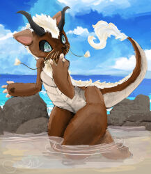  2019 2_horns 3_toes 4_fingers absurd_res anthro beach black_horn black_sclera blue_eyes blue_sky brown_body brown_fur brown_pawpads brown_tail claws cloud colored day digital_media_(artwork) digital_painting_(artwork) dragon eastern_dragon feet female finger_claws fingers fur grey_claws hair hi_res horn hybrid kneeling long_tail looking_back mammal multicolored_body multicolored_tail mustelid mythological_creature mythological_scalie mythology mythrava nude otter outside partially_submerged pawpads pink_inner_ear rock sand scales scalie sea shaded short_hair signature sky solo tail tail_tuft tan_body tan_claws tan_hair tan_scales tan_tail_tuft thick_thighs toe_claws toes tuft water whiskers 