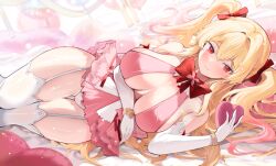  absurdres balloon bed_sheet blonde_hair blurry blurry_background blush bow bowtie box bracelet breasts closed_mouth commentary crossed_bangs elbow_gloves feet_out_of_frame female garter_straps gloves gradient_hair gurami_(zangizarang) hair_between_eyes hairbow heart-shaped_box heart_balloon highres holding jewelry large_breasts legs_together light_blush looking_at_viewer lying microskirt multicolored_hair on_side original panties pink_hair pink_skirt red_bow red_bowtie red_eyes skirt smile solo symbol-only_commentary thigh_gap thighhighs twintails two-tone_hair underwear white_gloves white_panties white_thighhighs 