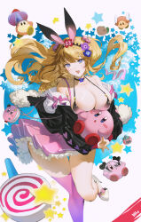  :d absurdres animal_ears bare_shoulders bikini black_bikini black_choker black_jacket blonde_hair breasts choker fake_animal_ears female flower hair_flower hair_ornament highres jacket kirby large_breasts long_hair nike_(nike1060) original pink_skirt pink_thighhighs pleated_skirt rabbit_ears single_thighhigh skirt smile solo swimsuit thighhighs very_long_hair 