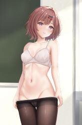  absurdres bare_arms black_pantyhose blush bra breasts brown_hair ca_paria chalkboard classroom collarbone female hair_between_eyes hair_ornament hairclip highres higuchi_madoka idolmaster idolmaster_shiny_colors indoors long_hair mole mole_under_eye navel panties panties_under_pantyhose pantyhose parted_lips purple_eyes short_hair small_breasts solo standing teeth underwear white_bra white_panties 