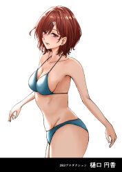  absurdres bikini blue_bikini breasts brown_eyes brown_hair character_name cleavage commentary_request fangs female flower hair_flower hair_ornament highres higuchi_madoka idolmaster idolmaster_shiny_colors medium_breasts partial_commentary revision short_hair simple_background skin_fangs solo swimsuit white_background yamasa 