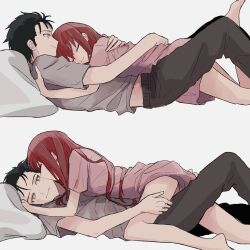  1boy barefoot black_hair black_pants brown_eyes closed_eyes commentary cowgirl_position facial_hair female grey_shirt hands_on_another&#039;s_face happy highres hug kissing kissing_cheek leg_grab light_smile long_hair lying lying_on_person makise_kurisu no_pants okabe_rintarou on_back on_stomach pants pink_shirt red_hair shirt short_hair short_sleeves simple_background smile steins;gate straight stubble suehiroch0 white_background 