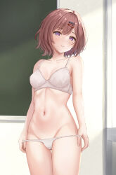  absurdres bare_arms blush bra breasts brown_hair ca_paria chalkboard classroom collarbone female hair_between_eyes hair_ornament hairclip highres higuchi_madoka idolmaster idolmaster_shiny_colors indoors long_hair mole mole_under_eye navel panties panty_pull pantyhose parted_lips purple_eyes short_hair small_breasts solo standing teeth underwear white_bra white_panties 