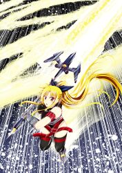  absurdres arm_belt armored_gloves bardiche_(nanoha) bardiche_(zanber_form)_(nanoha) belt blonde_hair dashing energy_sword fate_testarossa fate_testarossa_(true_sonic_form) female full_body highres holding holding_sword holding_weapon lyrical_nanoha magical_girl mahou_shoujo_lyrical_nanoha mahou_shoujo_lyrical_nanoha_a&#039;s mahou_shoujo_lyrical_nanoha_strikers mahou_shoujo_lyrical_nanoha_the_movie_2nd_a&#039;s ponytail red_belt red_eyes solo speed_lines sword thighhighs w00l_09 weapon 