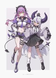  2girls :p ahoge animal_on_head artist_name az_(zero_glvimayhop) bird bird_on_head black_footwear black_horns black_skirt blush braid breasts cardigan colored_inner_hair cosplay crow_(la+_darknesss) demon_girl demon_horns demon_tail ear_piercing fake_horns frilled_shirt frills green_eyes grey_cardigan grey_hair hair_between_eyes hair_ornament hairclip hat hat_pin heart_o-ring highres hip_tattoo hololive horned_headwear horns jirai_kei la+_darknesss la+_darknesss_(casual) la+_darknesss_(cosplay) leg_tattoo leg_warmers long_hair long_sleeves looking_at_viewer multicolored_hair multiple_girls navel navel_piercing necktie o-ring o-ring_thigh_strap official_alternate_costume on_head open_cardigan open_clothes open_mouth piercing pink_hair pointy_ears pom_pom_(clothes) purple_hair purple_horns purple_necktie sailor_collar shirt shoes skirt sleeves_past_fingers sleeves_past_wrists smile solo streaked_hair striped_horns suspender_skirt suspenders tail tail_ornament tail_piercing tattoo thigh_strap tokoyami_towa tokoyami_towa_(cosplay) tokoyami_towa_(jirai_kei) tongue tongue_out very_long_hair virtual_youtuber white_footwear white_leg_warmers white_shirt winged_heart_tattoo yellow_eyes 