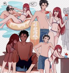  1boy ? absurdres afloat anger_vein arm_around_waist bare_arms bare_shoulders barefoot bikini black_hair blue_shorts blush breasts brown_eyes collarbone commentary_request cup facial_hair female highres holding holding_cup innertube long_hair makise_kurisu navel no_nipples okabe_rintarou pink_eyes red_hair short_hair shorts small_breasts spoken_question_mark spoken_squiggle squiggle steins;gate stubble suehiroch0 sweat swim_ring swimsuit topless topless_male translation_request water white_bikini 