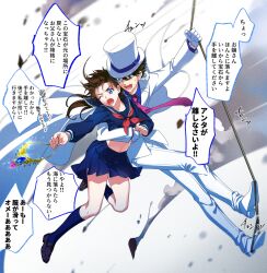  1boy arm_around_waist blue_eyes blue_socks blurry brown_hair cable cape carrying carrying_person commentary_request couple debris depth_of_field female floating_cape floating_clothes floating_hair gloves hat highres holding holding_cable holding_jewelry holding_necklace jewelry kaitou_kid loafers long_sleeves looking_at_object magic_kaito medium_hair midriff monocle nakamori_aoko navel necklace necktie one_eye_closed open_mouth paf pink_necktie pleated_skirt sailor_collar sailor_shirt school_uniform shirt shoes short_hair skirt socks sound_effects sparkle speech_bubble straight suit sweat teeth tongue top_hat translation_request white_cape white_gloves white_suit 