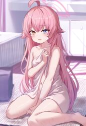  ahoge bare_arms bare_legs bare_shoulders barefoot between_legs blue_archive blue_eyes blush breasts collarbone covering_privates day dot_nose female groin hair_between_eyes halo hand_between_legs highres hoshino_(blue_archive) indoors knees long_hair looking_at_viewer milkshakework naked_towel navel nude_cover open_mouth pink_hair pink_halo sitting small_breasts solo stomach straight_hair sunlight thighs towel very_long_hair wariza wet yellow_eyes 