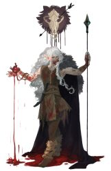  1boy alyruko animal_skull arrow_(projectile) arrow_in_body arrow_in_head bare_shoulders belt blood blood_on_clothes blood_on_face blood_on_ground blood_on_hands boots bracer brown_footwear brown_tunic celegorm commentary dagger elf english_commentary full_body fur-trimmed_boots fur_trim heart_(organ) holding holding_heart_(organ) holding_polearm holding_weapon knife long_hair male_focus object_through_head outstretched_arms pointy_ears polearm pool_of_blood red_eyes shirt simple_background skull sleeveless sleeveless_shirt solo spear standing the_silmarillion tolkien&#039;s_legendarium torn_clothes tunic very_long_hair wavy_hair weapon white_background white_hair 