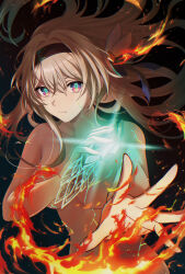  absurdres bare_shoulders black_hairband breasts closed_mouth cowboy_shot female fire firefly_(honkai:_star_rail) floating_hair grey_hair hair_between_eyes hair_ornament hairband henshin highres holding honkai:_star_rail honkai_(series) long_hair looking_at_viewer medium_breasts nude revision rune_(rne_at) scar scar_on_face two-tone_eyes 