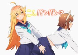  antlers aqua_neckerchief blonde_hair blue_sailor_collar brown_hair closed_eyes closed_mouth commentary_request crotch_rub deer deer_antlers deer_girl dry_humping frottage grinding hands_on_another&#039;s_thighs highres horns humping koshi_torako long_hair long_sleeves multiple_girls neckerchief sailor_collar sakura_1110ssmm school_uniform serafuku shikanoko_noko shikanoko_nokonoko_koshitantan shirt short_hair skirt translation_request white_shirt 