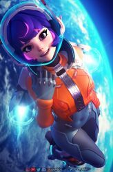  3d artist_name blue_bodysuit blue_gloves blurry blurry_background bodysuit commentary covered_navel depth_of_field discord_logo earth_(planet) english_commentary female forceball_fx full_body gloves hand_up helmet highres instagram_logo jacket juno_(overwatch) looking_at_viewer multicolored_hair orange_jacket overwatch overwatch_2 parted_lips patreon_logo pink_hair planet purple_eyes purple_hair short_hair skin_tight solo space spacesuit teeth thighs twitter_logo two-tone_hair variant_set youtube_logo zipper 