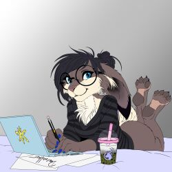  anthro ass beverage black_hair blue_eyes bottomless bubble_tea chest_tuft clothed clothing computer deerwalker ears_down electronics eyewear feet female flat_colors glasses hair hair_bun hi_res hindpaw lagomorph laptop large_glasses leporid looking_at_viewer low_cut_shirt lying mammal on_front painted_claws pantsless pattern_clothing pawpads paws pivoted_ears rabbit round_glasses simple_background solo solo_focus striped_clothing stripes sweater topwear tuft writing_utensil 