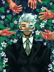  1boy ahoge artist_name black_suit blood blood_on_hands buttons closed_eyes closed_mouth collared_shirt corpse disembodied_hand dress_shirt facial_hair facing_viewer flower formal from_above funeral grey_hair hair_slicked_back half_mask highres kagurabachi lapels long_sleeves male_focus mask mask_over_one_eye moustache necktie sazanami_kyora shirt short_hair solo_focus straight-on suit upper_body white_flower white_hair white_shirt yellow_necktie yunaris 