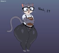  2024 anthro ass axoarts belt big_butt black_belt black_bottomwear black_clothing black_eyes black_eyewear black_glasses black_pants book bottomwear clothed clothing digital_media_(artwork) domestic_cat english_text eyewear felid feline felis front_view fur glasses glistening glistening_bottomwear glistening_clothing glistening_pants grey_background grey_body grey_ears grey_fur grey_hair grey_tail hair hi_res holding_book holding_object huge_thighs male mammal multicolored_body multicolored_fur noah_(axoarts) overalls pants pink_nose shirt simple_background smile solo standing tail tan_body tan_fur text thick_thighs tight_bottomwear tight_clothing tight_pants tongue topwear two_tone_body two_tone_fur whiskers white_clothing white_shirt white_topwear wide_hips 