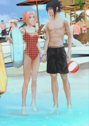  1boy absurdres ball barefoot beach beach_chair beach_umbrella beachball bikini black_eyes black_hair blue_sky boat boruto:_naruto_next_generations closed_mouth female full_body green_eyes grin highres holding holding_hands holding_swim_ring husband_and_wife innertube male_swimwear naruto_(series) navel niku_(ni23ku) nipples one-piece_swimsuit outdoors people pink_hair red_bikini red_one-piece_swimsuit sakura_haruno short_hair sky smile spiked_hair standing stomach strapless strapless_bikini summer swim_ring swim_trunks swimsuit teeth toes topless_male uchiha_sasuke umbrella wading watercraft 