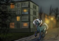  architecture building cutie_mark empty_eyes equid equine evening fan_character female feral hasbro hi_res horn horse mammal my_little_pony mythological_creature mythological_equine mythology plant pony solo stirren tree unicorn walking 