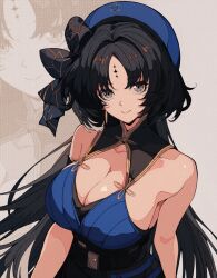  bare_arms bare_shoulders black_dress black_hair blue_dress blue_hat bow breasts brown_background chinese_commentary cleavage collarbone commentary dress facial_mark female forehead_mark grey_bow grey_eyes hair_intakes halter_dress halterneck hat hat_bow highres large_breasts long_hair looking_at_viewer parted_bangs print_bow print_sash sash simple_background smile solo tacet_mark_(wuthering_waves) two-tone_dress upper_body very_long_hair wanlai_bu_shiman wuthering_waves yangyang_(wuthering_waves) zoom_layer 