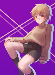  1boy absurdres atou_haruki black_shorts black_socks blonde_hair brown_sweater closed_mouth commentary_request film_grain hand_on_own_knee highres invisible_chair male_focus no_shoes purple_background red_eyes ribbed_sweater saibou_shinkyoku short_hair short_shorts shorts sitting socks solo sweater turtleneck turtleneck_sweater wakasoba 