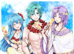  2boys aqua_eyes aqua_hair bare_shoulders bikini breasts brother_and_sister circlet cleavage closed_eyes cloud cloudy_sky collarbone eirika_(fire_emblem) eirika_(summer)_(fire_emblem) ephraim_(fire_emblem) ephraim_(summer)_(fire_emblem) female fire_emblem fire_emblem:_the_sacred_stones fire_emblem_heroes flower flower_necklace food hair_between_eyes hair_flower hair_ornament highres holding holding_another&#039;s_arm holding_food holding_popsicle jewelry lei long_hair lyon_(fire_emblem) lyon_(summer)_(fire_emblem) misato_hao multiple_boys navel necklace official_alternate_costume open_mouth pectorals popsicle purple_hair short_hair siblings sky swimsuit twins upper_body 