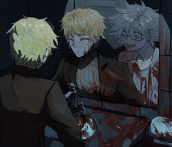  2boys atou_haruki bathroom black_jacket blonde_hair blood blood_on_clothes blood_on_wall brown_sweater chaka_(balitieta) closed_mouth commentary_request different_reflection glasses grey_eyes highres indoors jacket kanou_aogu male_focus mirror multiple_boys open_clothes open_jacket open_mouth rectangular_eyewear reflection ribbed_sweater saibou_shinkyoku semi-rimless_eyewear short_hair smile sweat sweater turtleneck turtleneck_sweater white_hair 