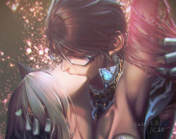  2girls amulet arm_up armpits bad_id bad_twitter_id bayonetta_(series) bayonetta_2 black-framed_eyewear black_hair closed_eyes collar dated earrings eyelashes frilled_collar frills glasses gloves grey_hair holding holding_another&#039;s_head jewelry kara_namako kissing long_hair multiple_girls official_alternate_hairstyle short_hair signature tearing_clothes torn_clothes triangle_earrings white_gloves yuri 