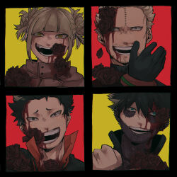  3boys black_bodysuit black_border black_gloves black_hair bleeding blonde_hair blood blood_on_clothes blood_on_face blue_eyes blunt_bangs blush bodysuit boku_no_hero_academia border burn_scar cheek_piercing clenched_hand coat dabi_(boku_no_hero_academia) double_bun ear_piercing facial_hair female flower gloves hair_bun highres jacket looking_at_viewer mask messy_hair mr._compress multiple_boys multiple_scars open_mouth piercing portrait red_background red_flower red_rose rose s0_mokomoko scar scar_on_face scar_on_forehead short_hair simple_background smile spiked_hair staple stapled stitches teeth toga_himiko twice_(boku_no_hero_academia) unworn_mask yellow_background yellow_eyes 