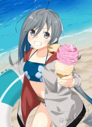  beach bikini blue_bikini day female food full-length_zipper grey_eyes grey_hair hair_between_eyes hair_bun holding holding_swim_ring ice_cream ice_cream_cone innertube kantai_collection kiyoshimo_(kancolle) kiyoshimo_kai_ni_(kancolle) kiyoshimo_kai_ni_(swimsuit_mode)_(kancolle) long_hair looking_at_viewer low_twintails makinoki ocean outdoors sand sandals signature solo swim_ring swimsuit swimsuit_under_clothes twintails very_long_hair water zipper 