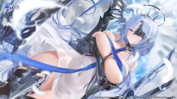  absurdres alsace_(azur_lane) arm_under_breasts armor armored_boots azur_lane bare_shoulders between_breasts black_gauntlets black_tiara blue_eyes blue_hair blue_ribbon boots breasts closed_mouth collarbone covered_navel detached_collar dress feathers female gauntlets gloves hair_ornament halo halo_behind_head highres huge_breasts logo long_hair looking_at_viewer mask mechanical_halo no_panties official_art ribbon second-party_source see-through see-through_dress see-through_silhouette shiny_skin short_dress skindentation sleeveless solo thighs tiara very_long_hair white_dress white_feathers yyy_(zelda10010) 